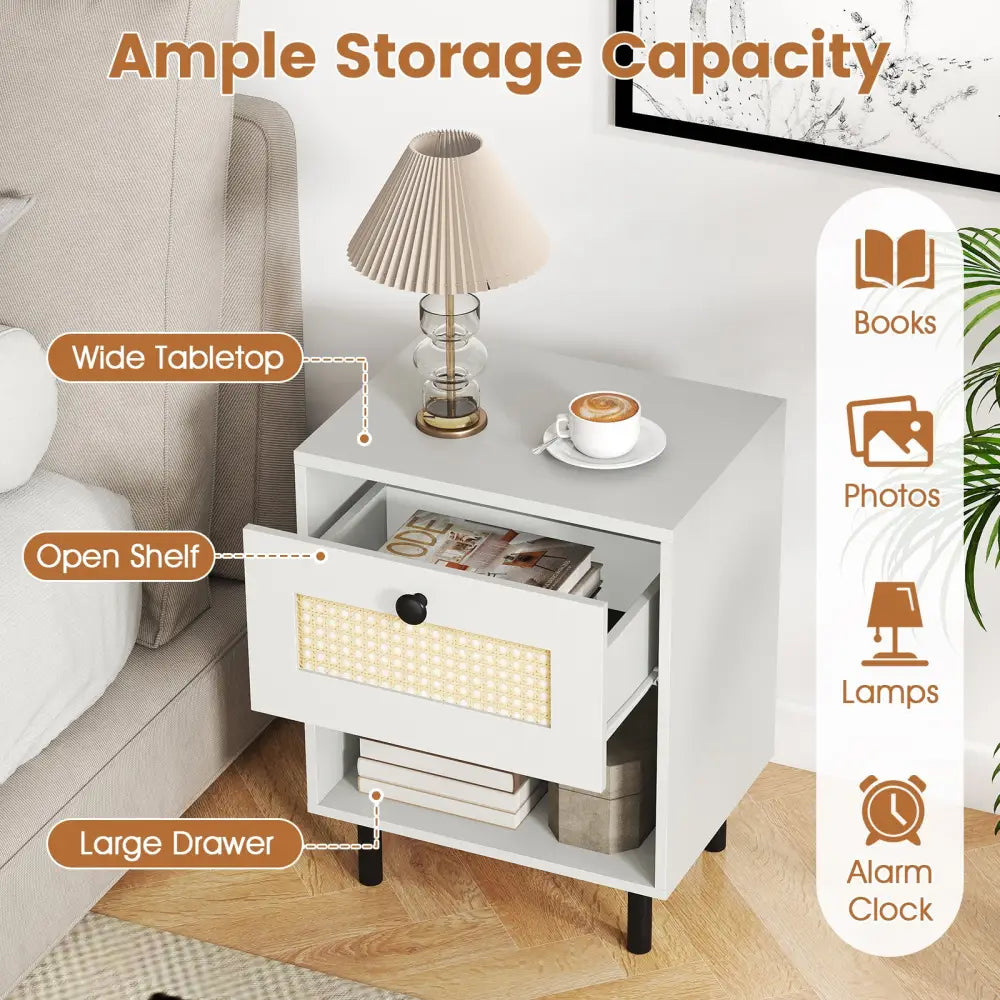 Rattan Nightstand Boho End Table with Rattan Drawer and Open Shelf Set of 2-White - White - Nightstands
