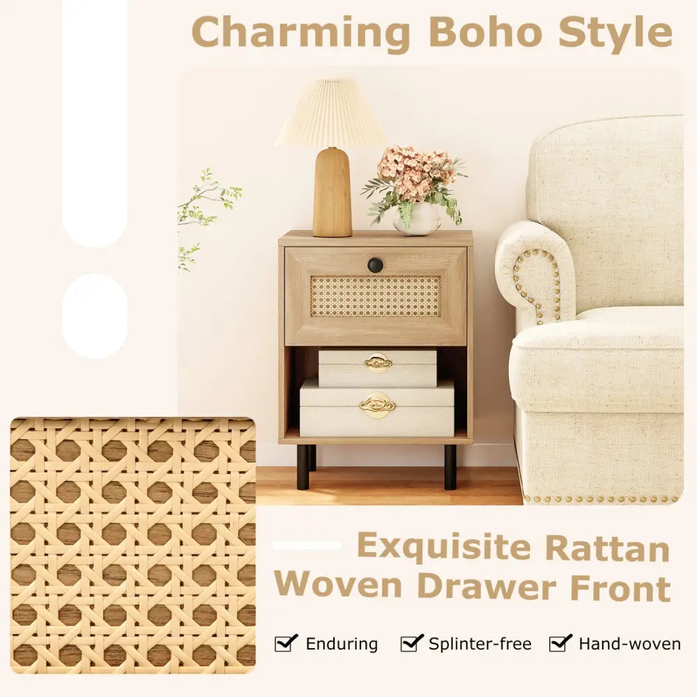 Rattan Nightstand Boho End Table with Rattan Drawer and Open Shelf Set of 2-Natural - Natural - Nightstands