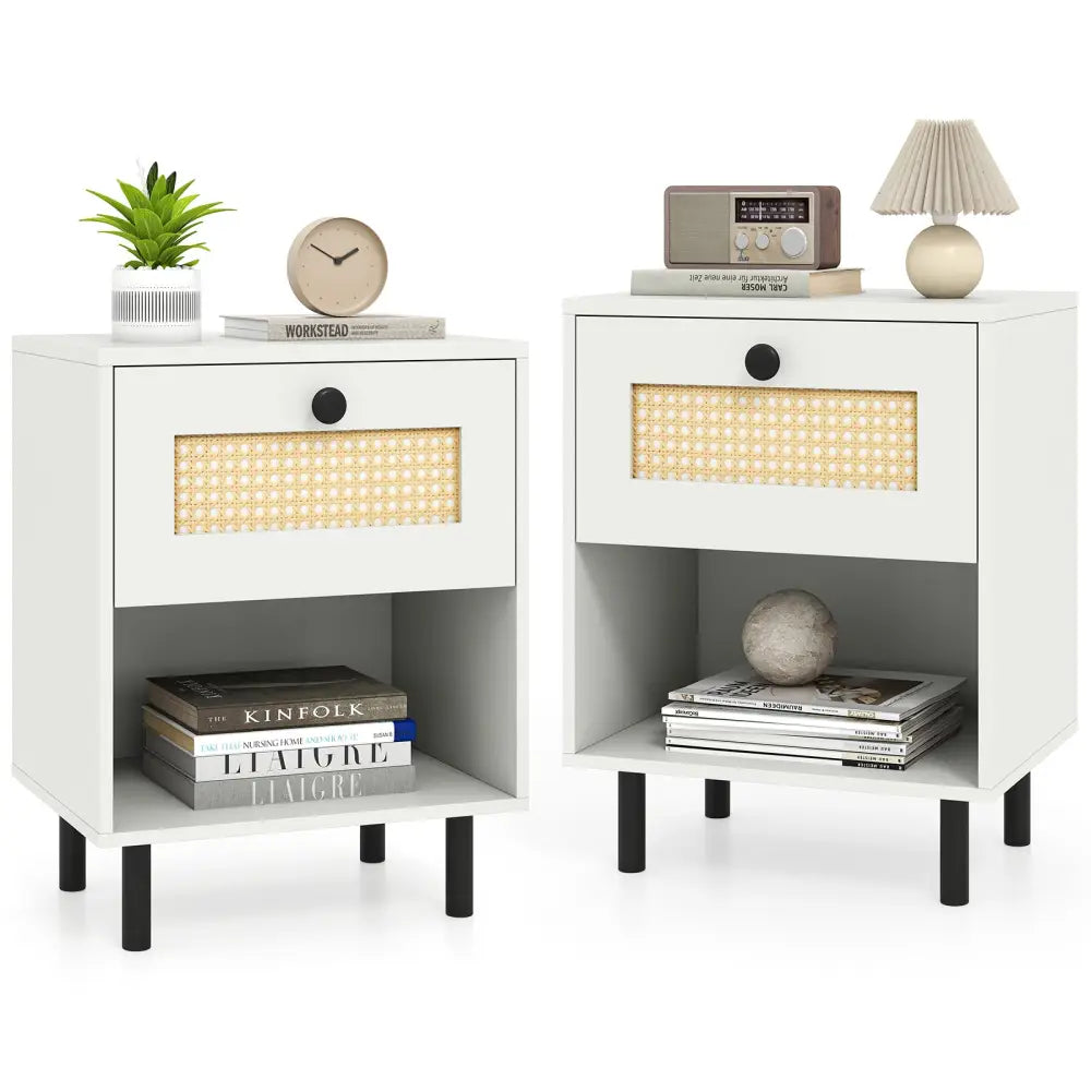 Rattan Nightstand Boho End Table with Rattan Drawer and Open Shelf Set of 2-White - White - Nightstands