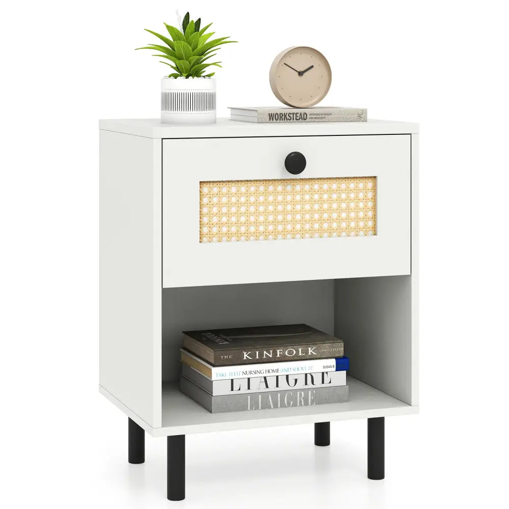 Rattan Nightstand Boho End Table with Rattan Drawer and Open Shelf Set of 2-White - White - Nightstands