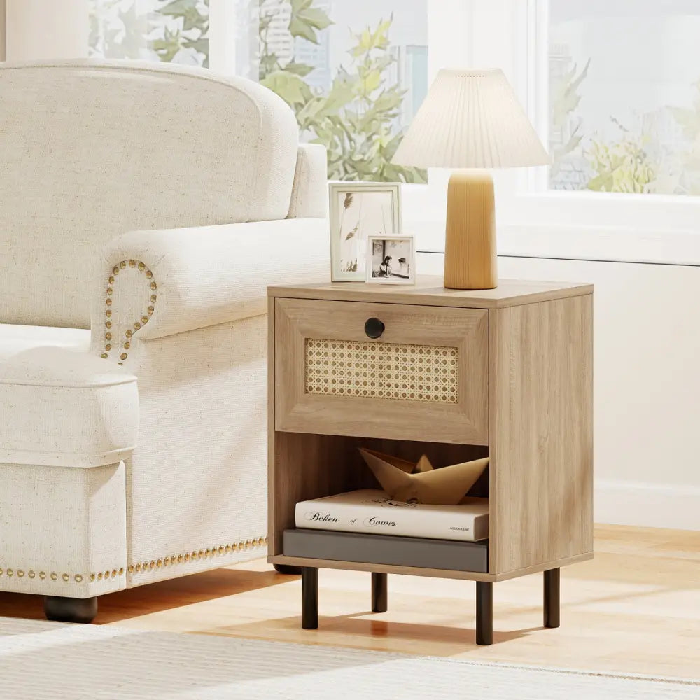 Rattan Nightstand Boho End Table with Rattan Drawer and Open Shelf Set of 2-Natural - Natural - Nightstands