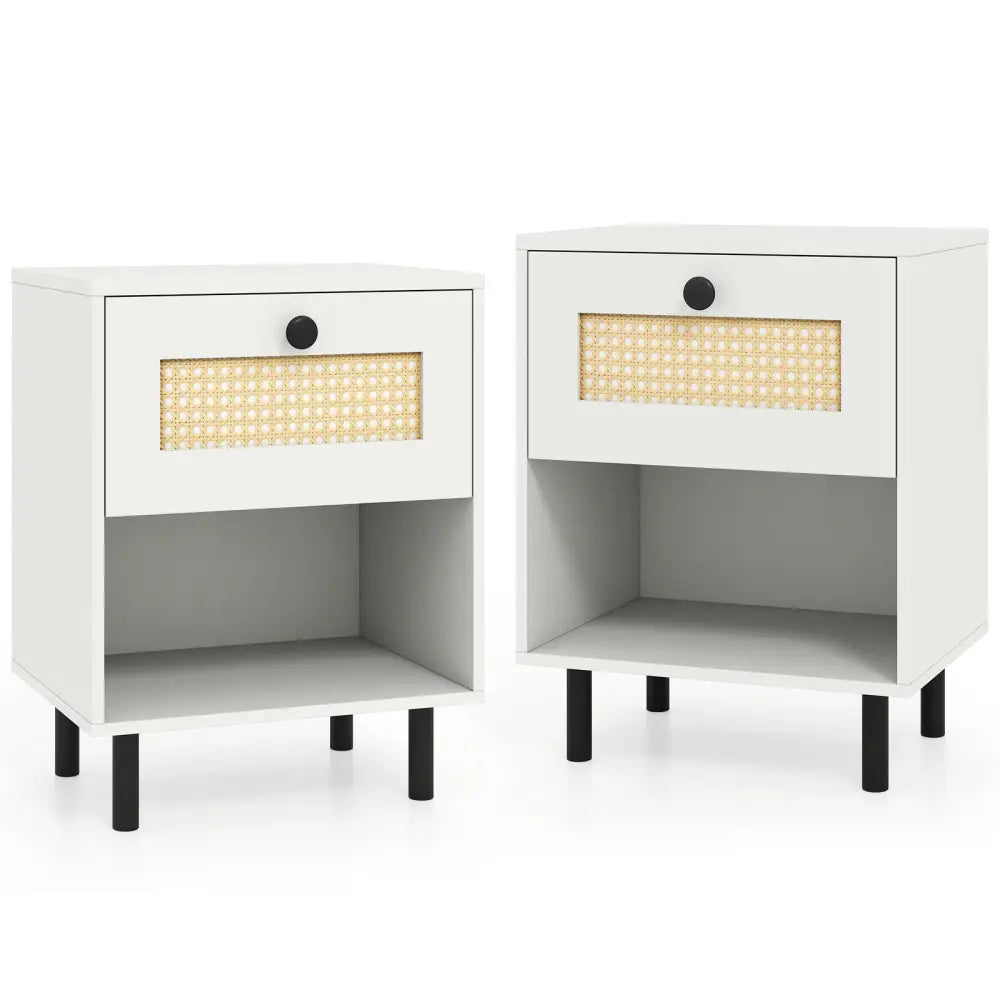 Rattan Nightstand Boho End Table with Rattan Drawer and Open Shelf Set of 2-White - White - Nightstands