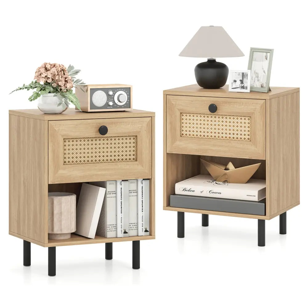 Rattan Nightstand Boho End Table with Rattan Drawer and Open Shelf Set of 2-Natural - Natural - Nightstands