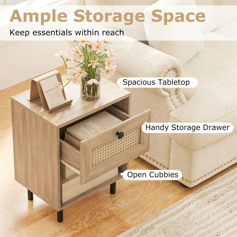 Rattan Nightstand Boho End Table with Rattan Drawer and Open Shelf Set of 2-Natural - Natural - Nightstands