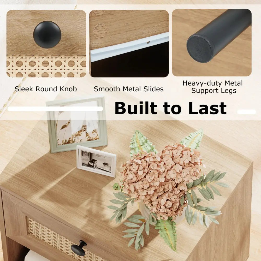 Rattan Nightstand Boho End Table with Rattan Drawer and Open Shelf Set of 2-Natural - Natural - Nightstands