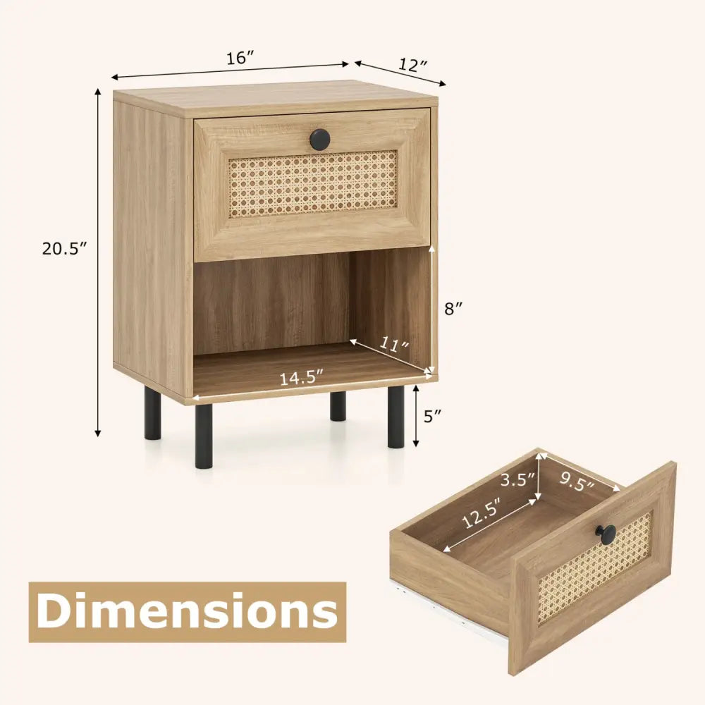 Rattan Nightstand Boho End Table with Rattan Drawer and Open Shelf Set of 2-Natural - Natural - Nightstands