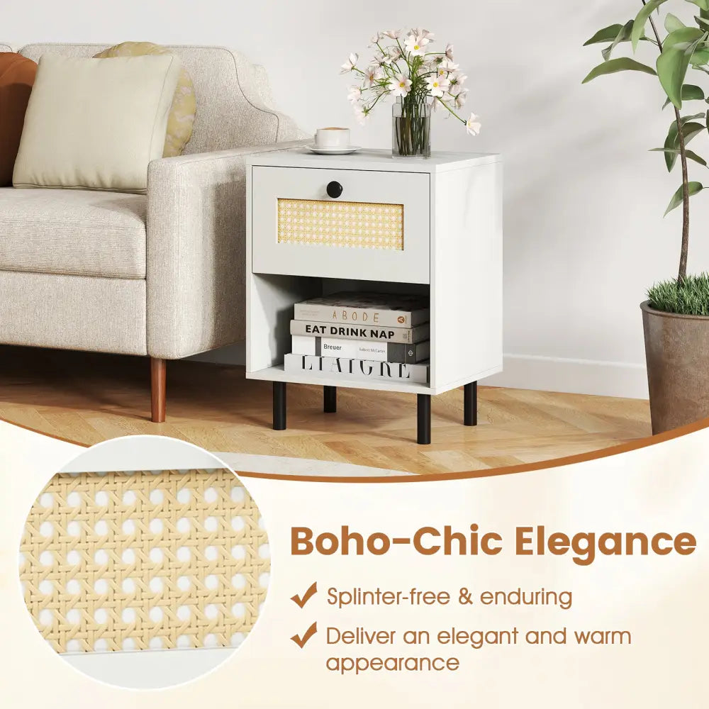 Rattan Nightstand Boho End Table with Rattan Drawer and Open Shelf-White - White - Nightstands