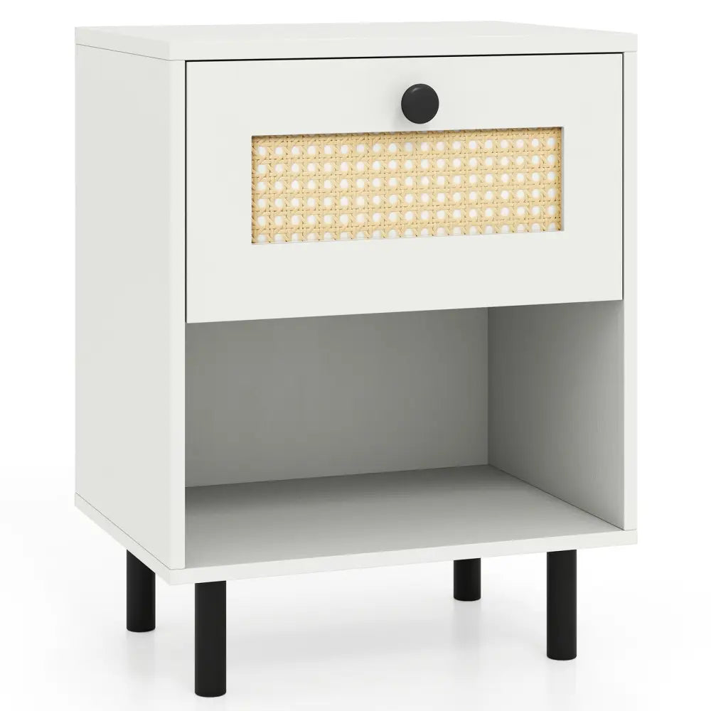 Rattan Nightstand Boho End Table with Rattan Drawer and Open Shelf-White - White - Nightstands