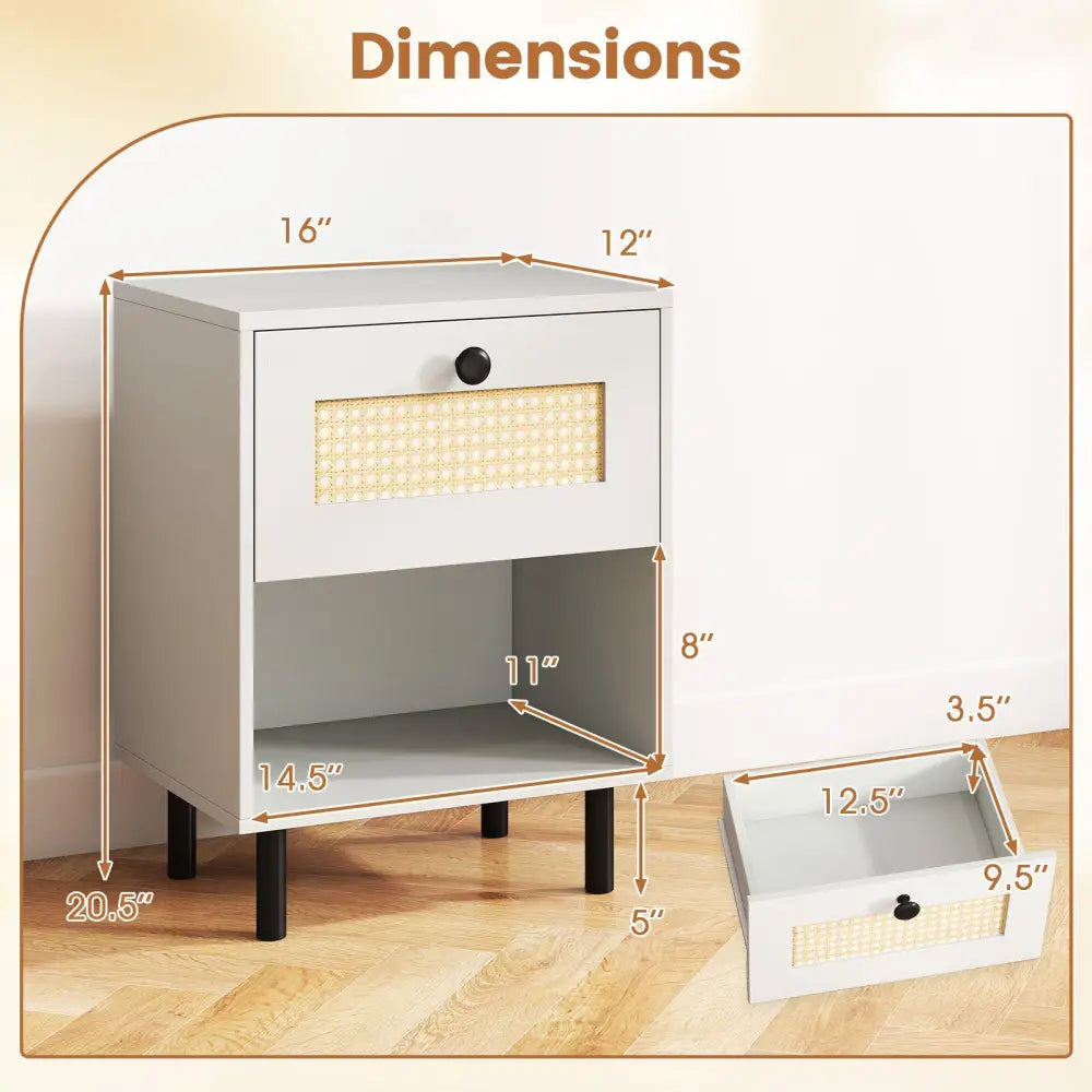 Rattan Nightstand Boho End Table with Rattan Drawer and Open Shelf-White - White - Nightstands