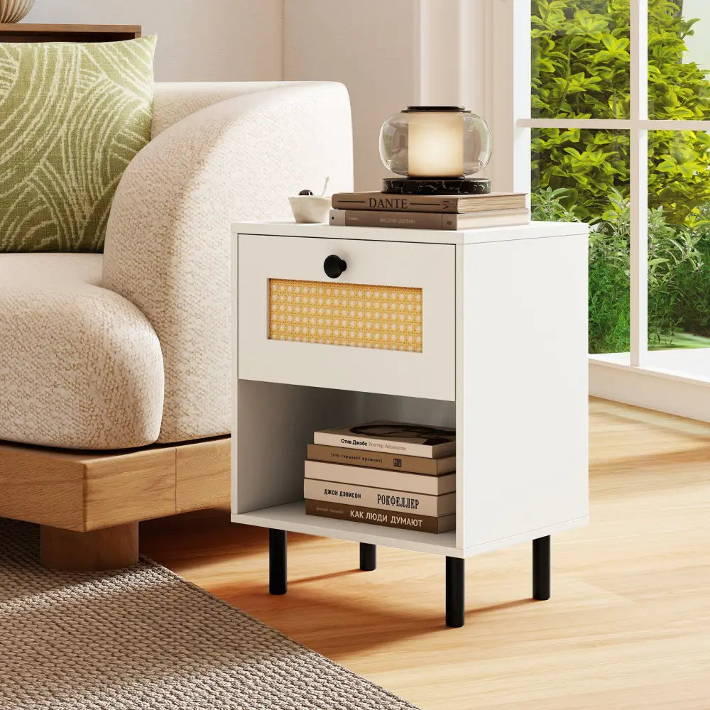 Rattan Nightstand Boho End Table with Rattan Drawer and Open Shelf-White - White - Nightstands