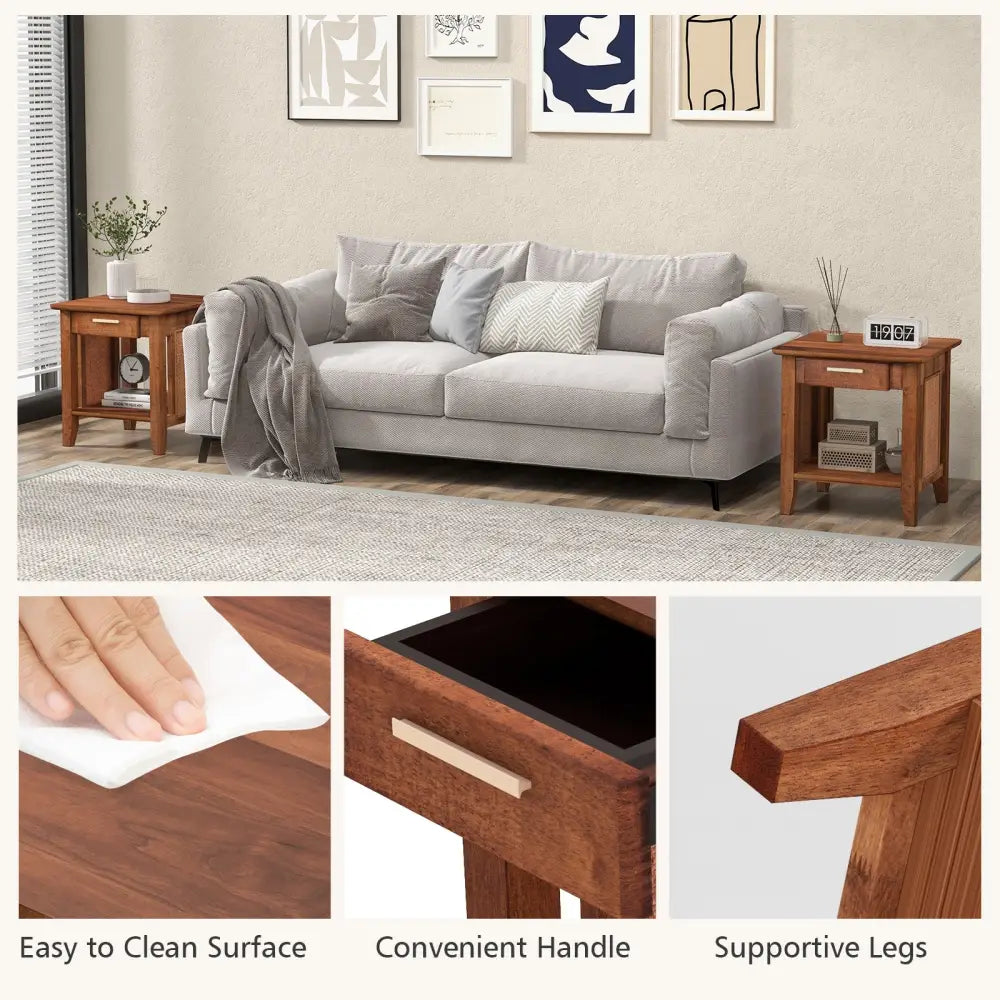 Rattan Nightstand End Table with Drawer and Storage Shelf-Walnut - Walnut - Nightstands