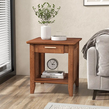 Rattan Nightstand End Table with Drawer and Storage Shelf-Walnut - Walnut - Nightstands
