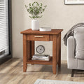 Rattan Nightstand End Table with Drawer and Storage Shelf-Walnut - Walnut - Nightstands