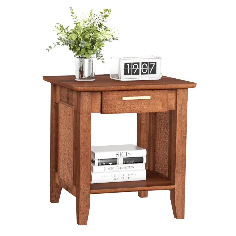 Rattan Nightstand End Table with Drawer and Storage Shelf-Walnut - Walnut - Nightstands