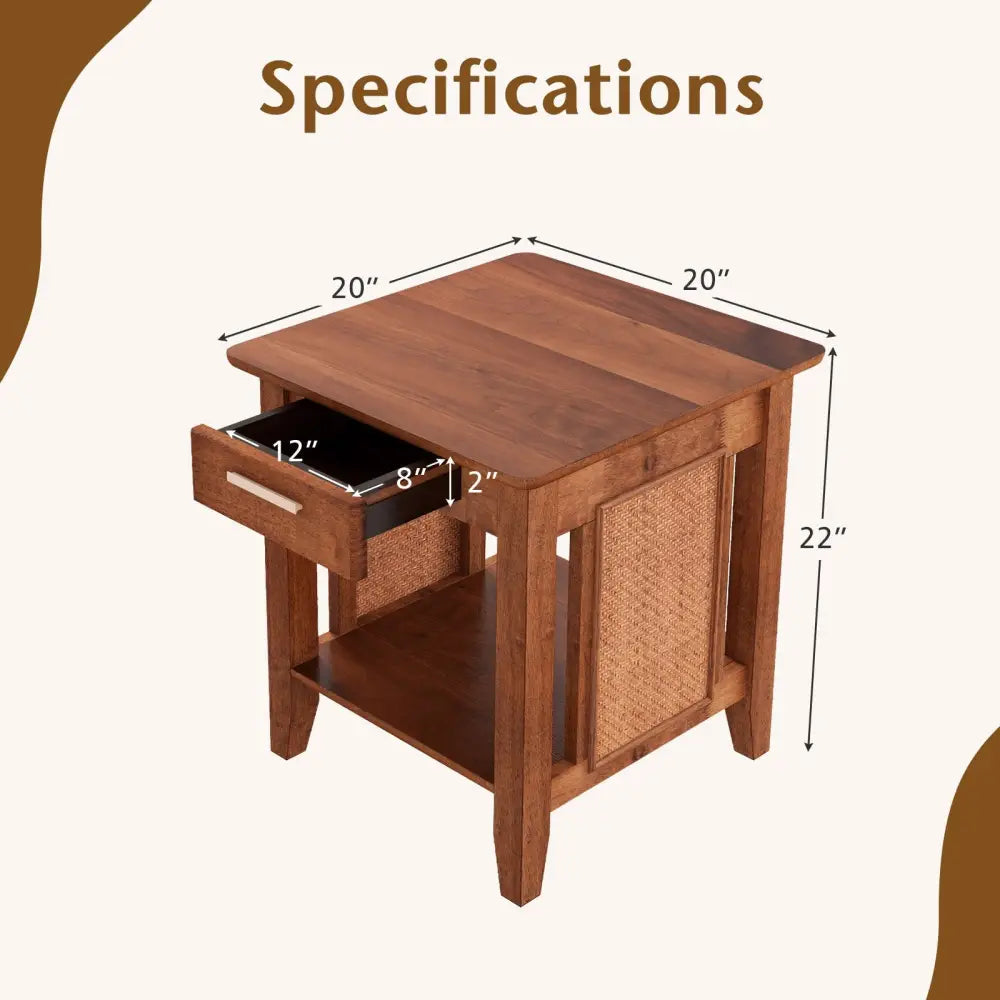 Rattan Nightstand End Table with Drawer and Storage Shelf-Walnut - Walnut - Nightstands