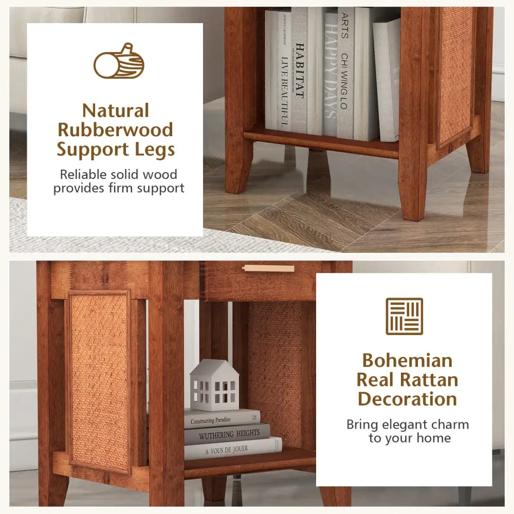 Rattan Nightstand End Table with Drawer and Storage Shelf-Walnut - Walnut - Nightstands
