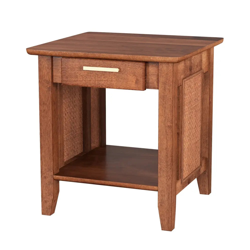 Rattan Nightstand End Table with Drawer and Storage Shelf-Walnut - Walnut - Nightstands