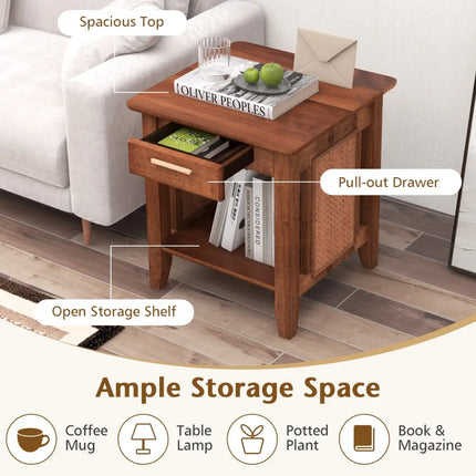 Rattan Nightstand End Table with Drawer and Storage Shelf-Walnut - Walnut - Nightstands