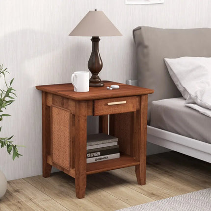 Rattan Nightstand End Table with Drawer and Storage Shelf-Walnut - Walnut - Nightstands