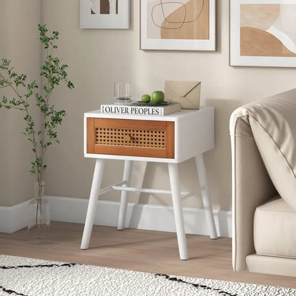 Rattan Nightstand Mid Century Modern Accent Table with Drawer-White - White - Nightstands