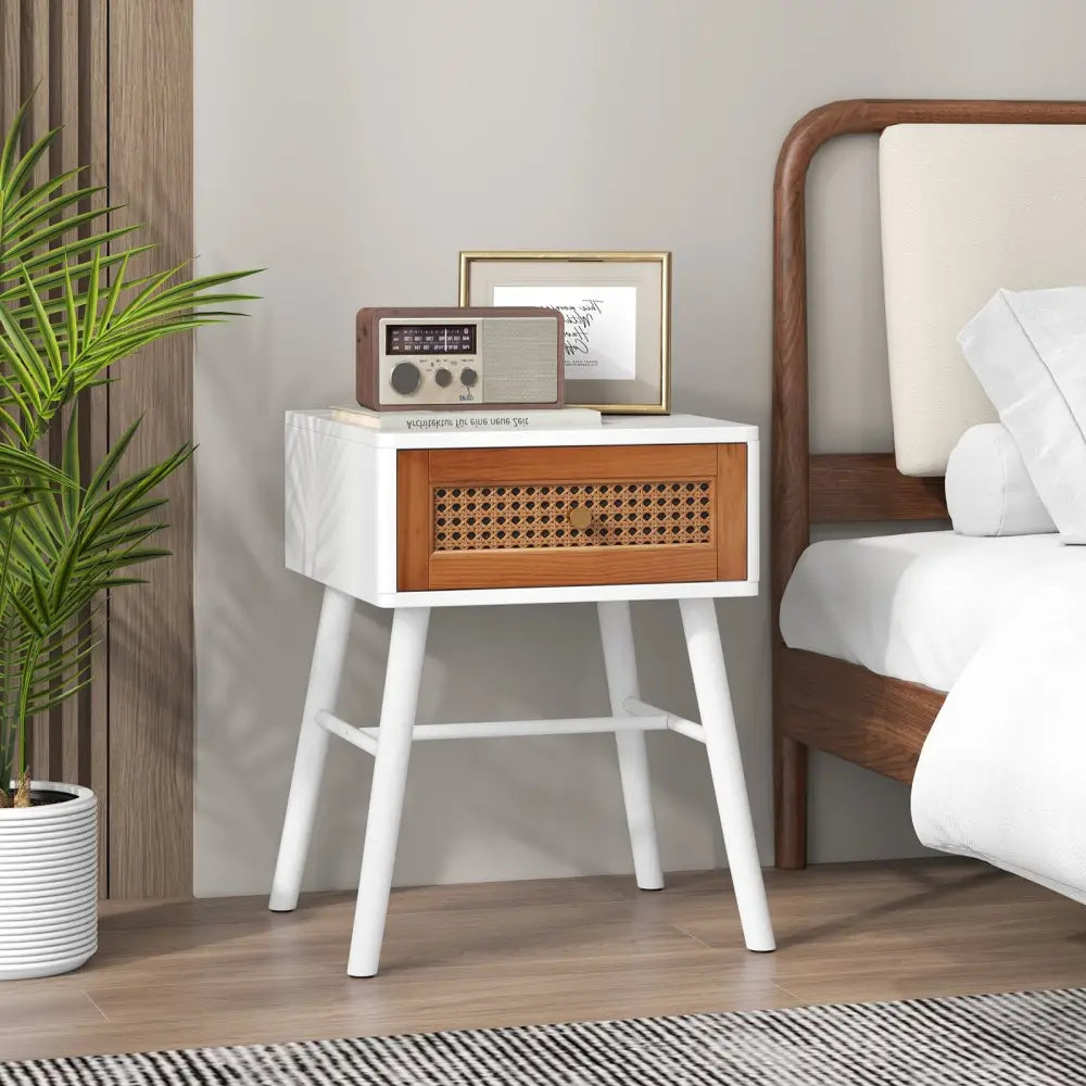Rattan Nightstand Mid Century Modern Accent Table with Drawer-White - White - Nightstands