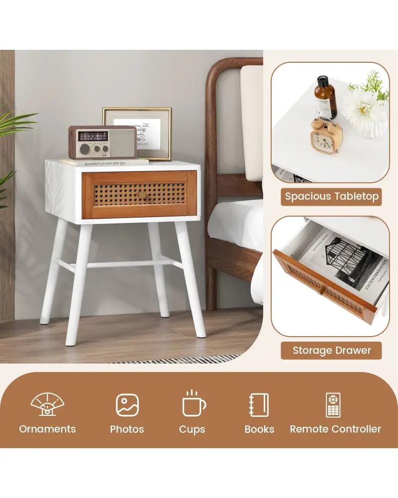 Rattan Nightstand Mid Century Modern Accent Table with Drawer-White - White - Nightstands
