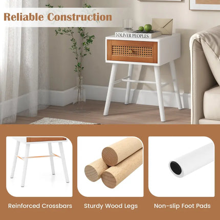 Rattan Nightstand Mid Century Modern Accent Table with Drawer-White - White - Nightstands