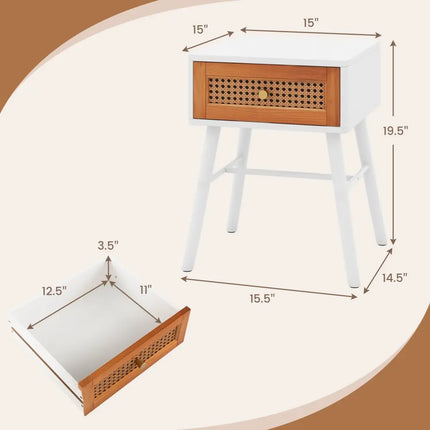 Rattan Nightstand Mid Century Modern Accent Table with Drawer-White - White - Nightstands