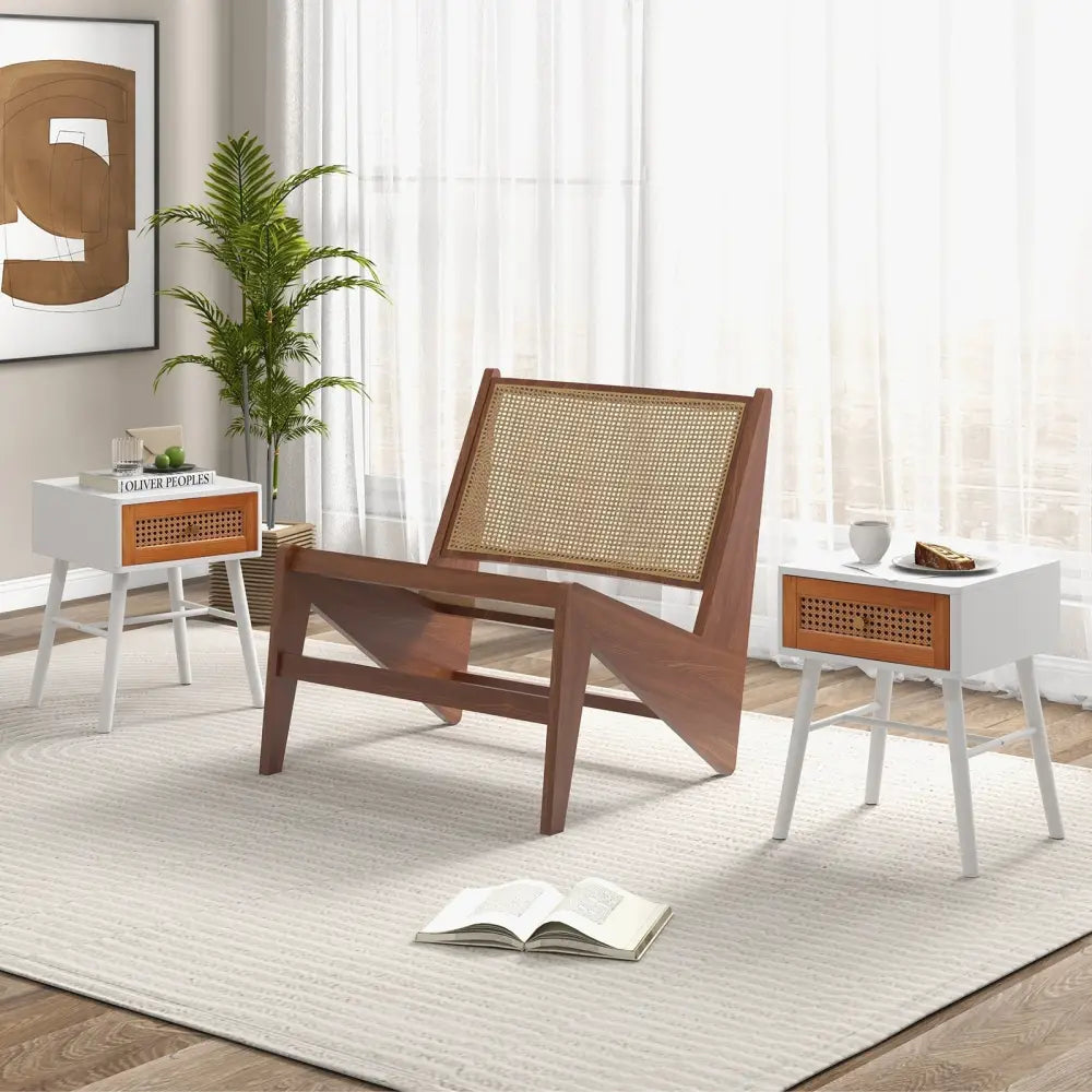 Rattan Nightstand Mid Century Modern Accent Table with Drawer-White - White - Nightstands