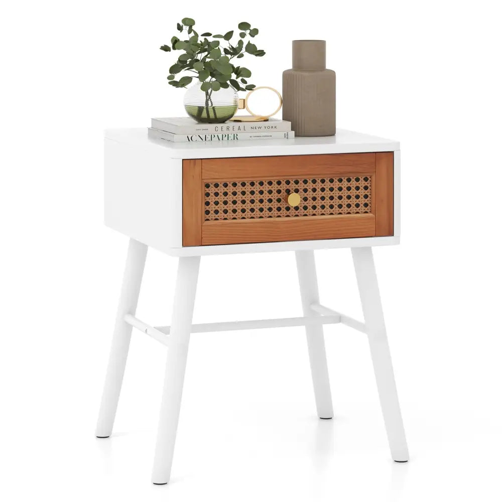 Rattan Nightstand Mid Century Modern Accent Table with Drawer-White - White - Nightstands