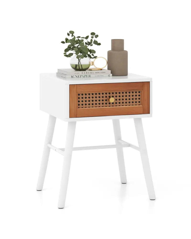 Rattan Nightstand Mid Century Modern Accent Table with Drawer-White - White - Nightstands