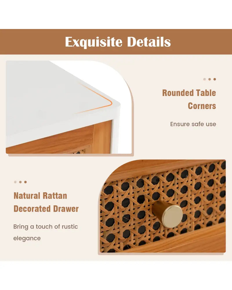 Rattan Nightstand Mid Century Modern Accent Table with Drawer-White - White - Nightstands