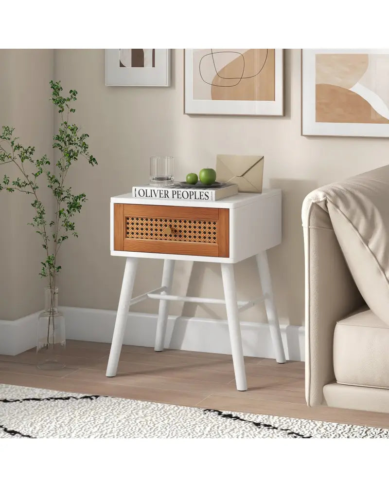 Rattan Nightstand Mid Century Modern Accent Table with Drawer-White - White - Nightstands