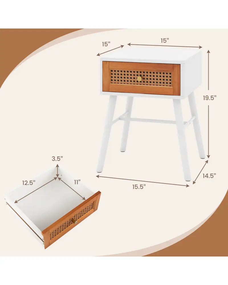 Rattan Nightstand Mid Century Modern Accent Table with Drawer-White - White - Nightstands