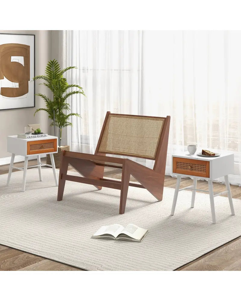 Rattan Nightstand Mid Century Modern Accent Table with Drawer-White - White - Nightstands
