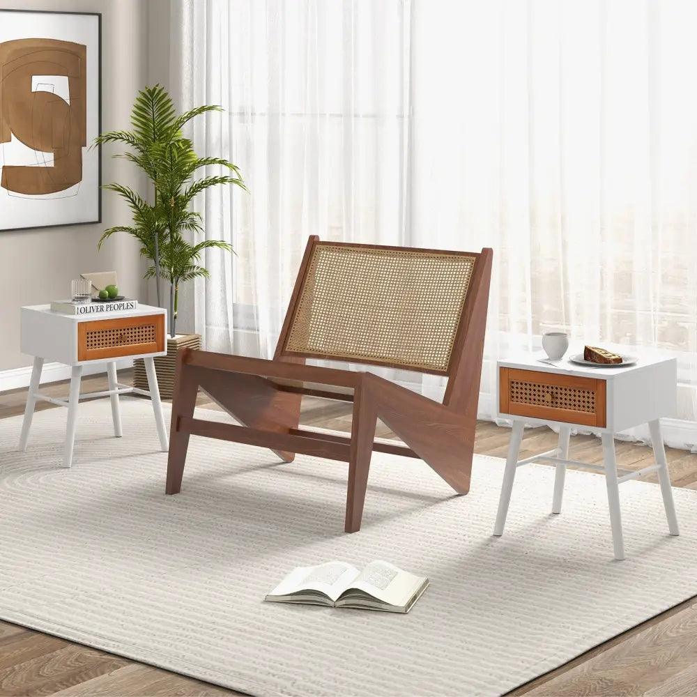 Rattan Nightstand Mid Century Modern Accent Table with Drawer-White - White - Nightstands
