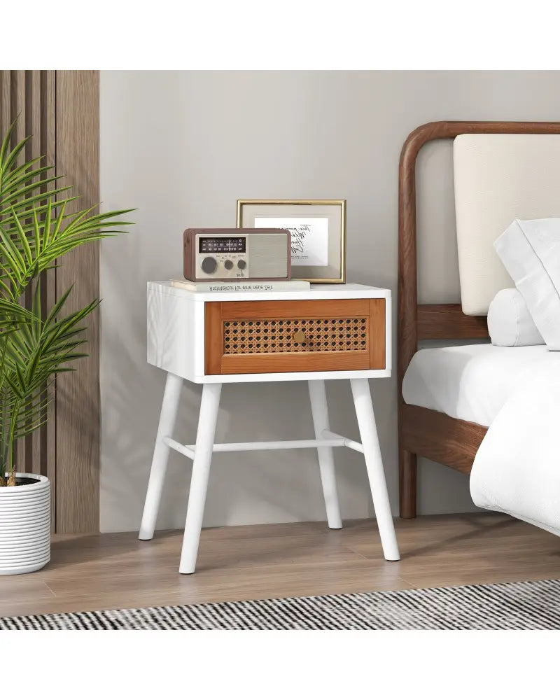 Rattan Nightstand Mid Century Modern Accent Table with Drawer-White - White - Nightstands