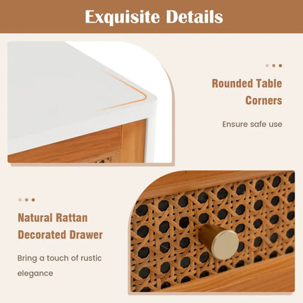 Rattan Nightstand Mid Century Modern Accent Table with Drawer-White - White - Nightstands