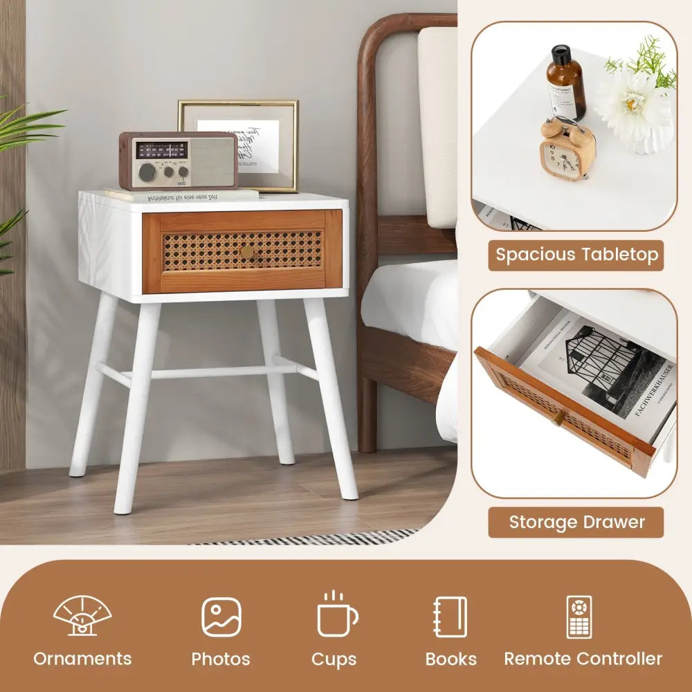 Rattan Nightstand Mid Century Modern Accent Table with Drawer-White - White - Nightstands