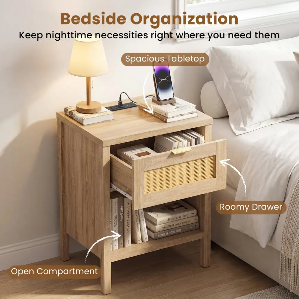 Rattan Nightstand with Charging Station and Storage Shelf for Bedroom-Oak - Oak - Nightstands