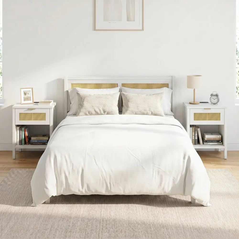 Rattan Nightstand with Charging Station and Storage Shelf for Bedroom-White - White - Nightstands