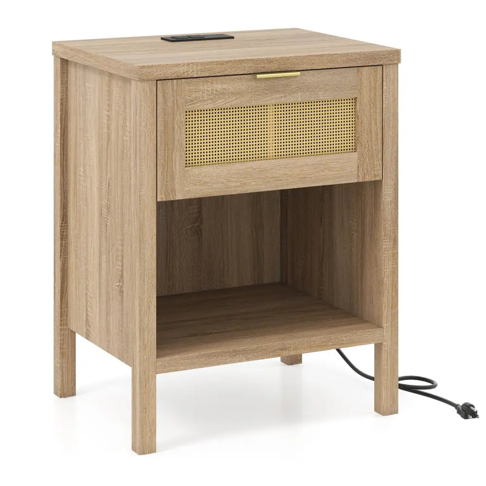 Rattan Nightstand with Charging Station and Storage Shelf for Bedroom-Oak - Oak - Nightstands