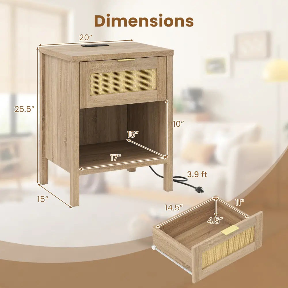 Rattan Nightstand with Charging Station and Storage Shelf for Bedroom-Oak - Oak - Nightstands