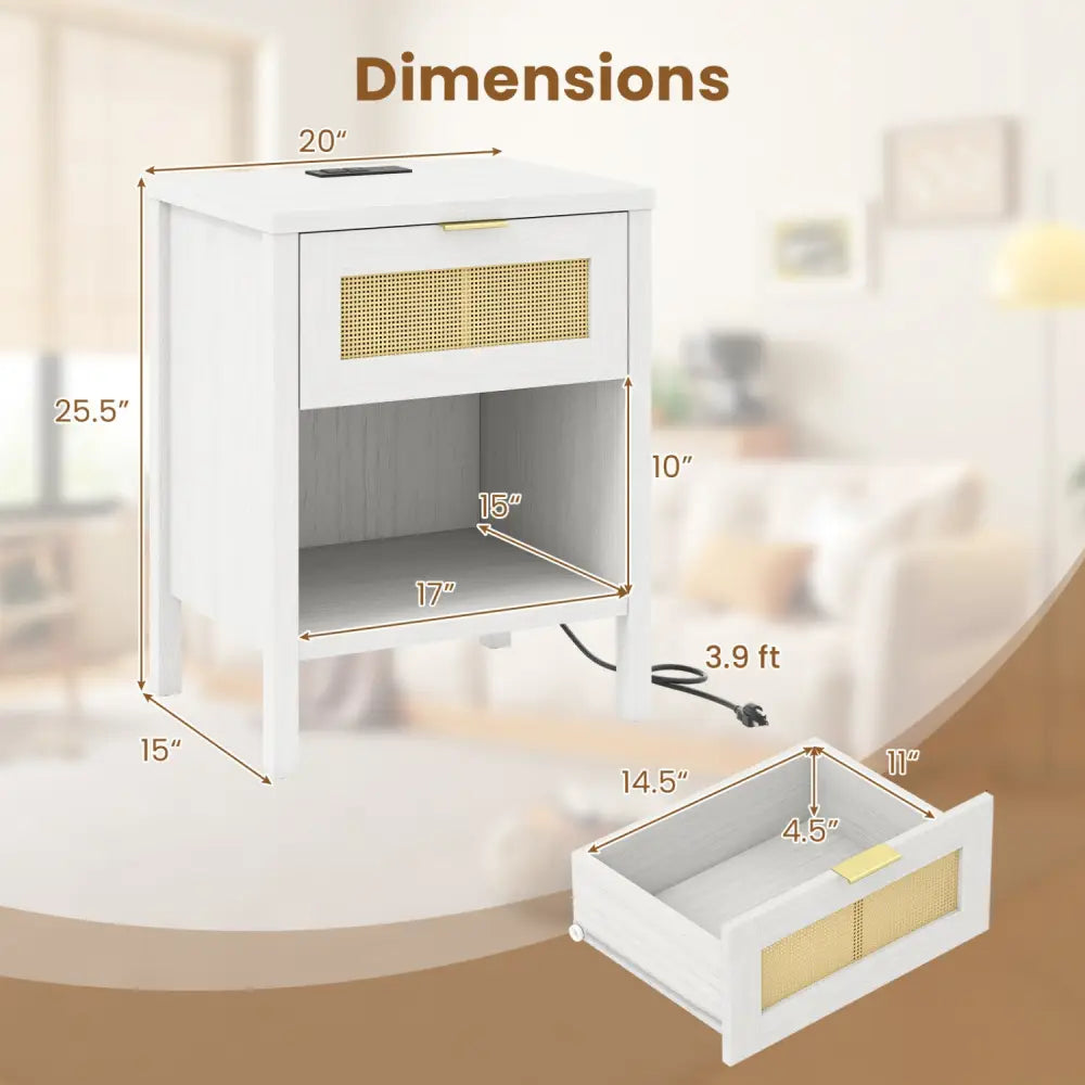Rattan Nightstand with Charging Station and Storage Shelf for Bedroom-White - White - Nightstands