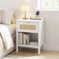 Rattan Nightstand with Charging Station and Storage Shelf for Bedroom-White - White - Nightstands