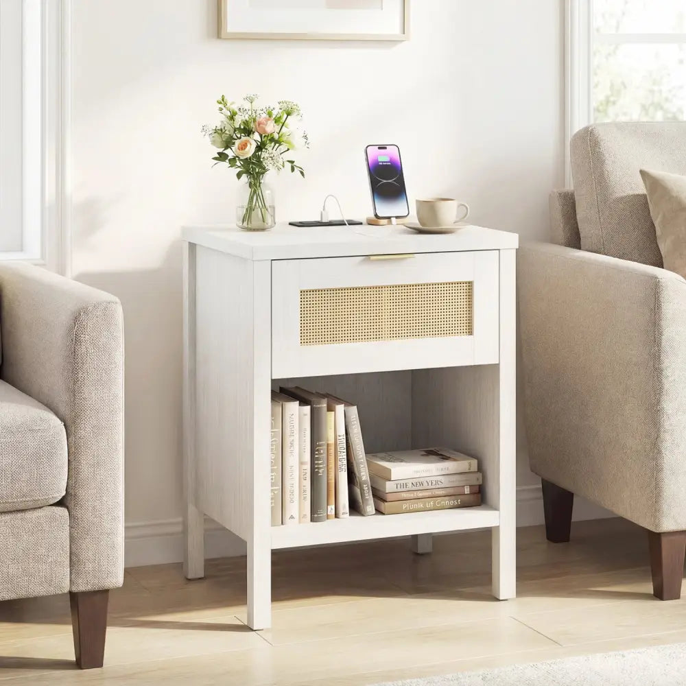 Rattan Nightstand with Charging Station and Storage Shelf for Bedroom-White - White - Nightstands
