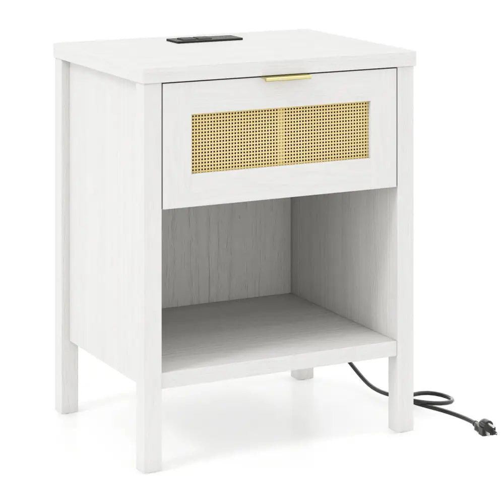Rattan Nightstand with Charging Station and Storage Shelf for Bedroom-White - White - Nightstands