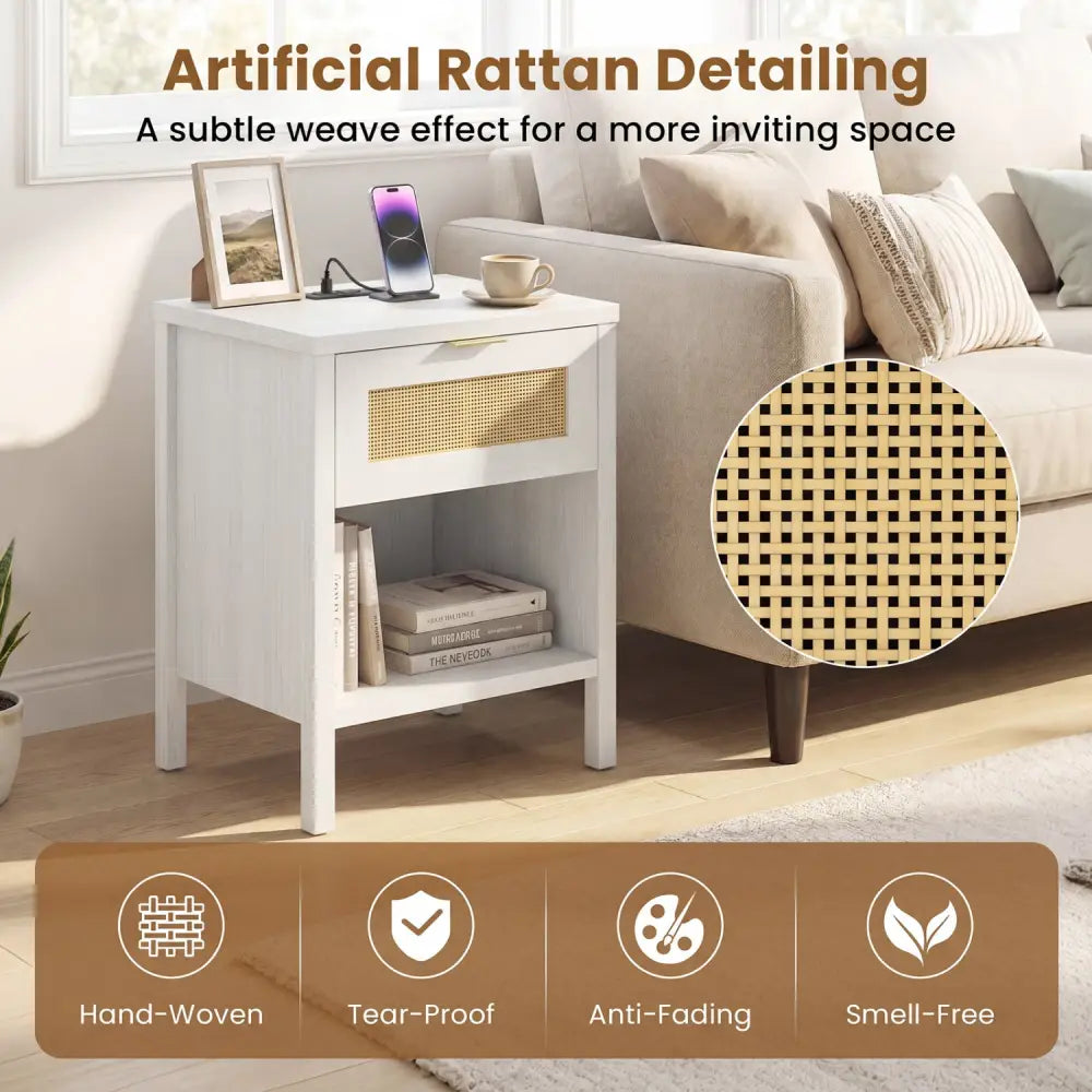 Rattan Nightstand with Charging Station and Storage Shelf for Bedroom-White - White - Nightstands