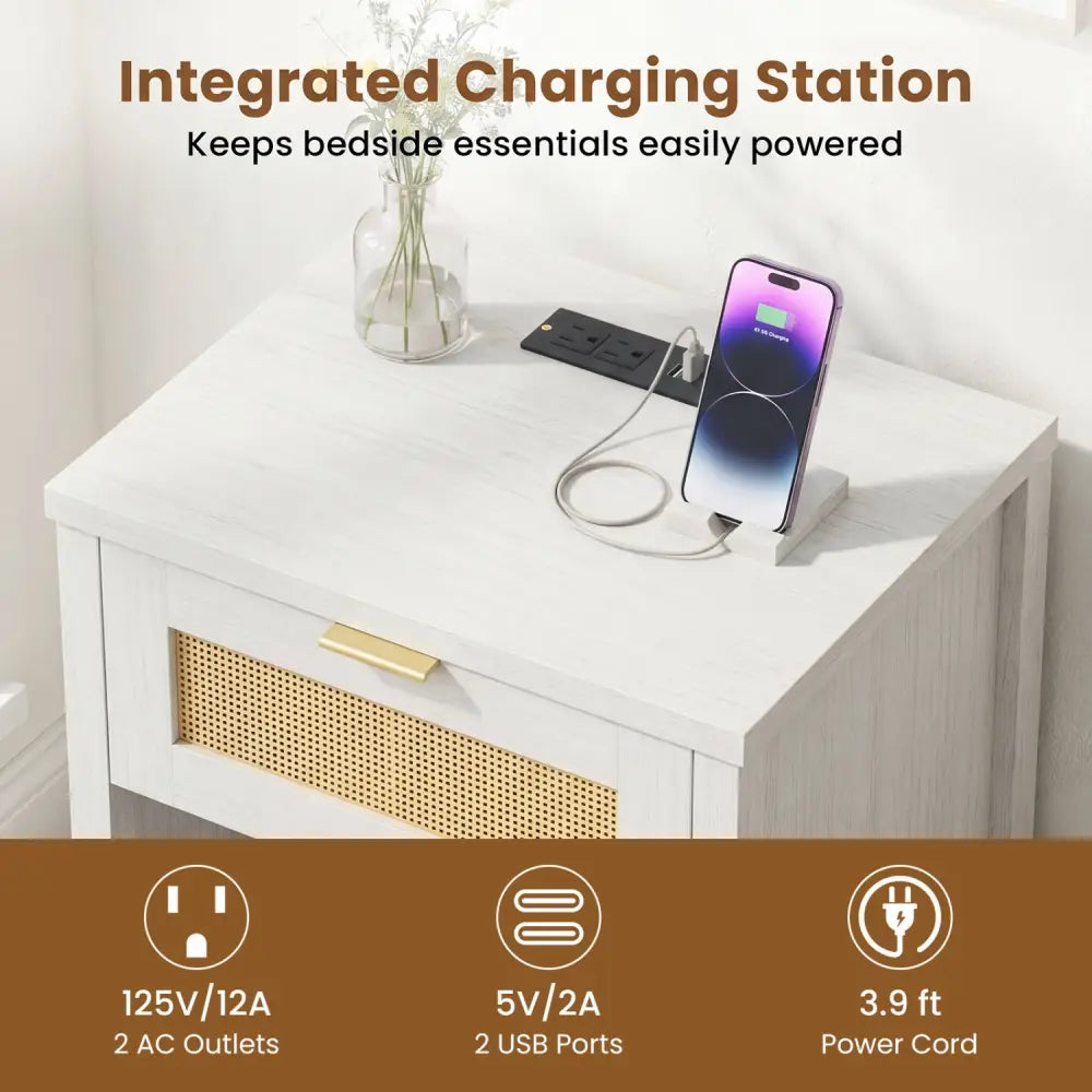 Rattan Nightstand with Charging Station and Storage Shelf for Bedroom-White - White - Nightstands