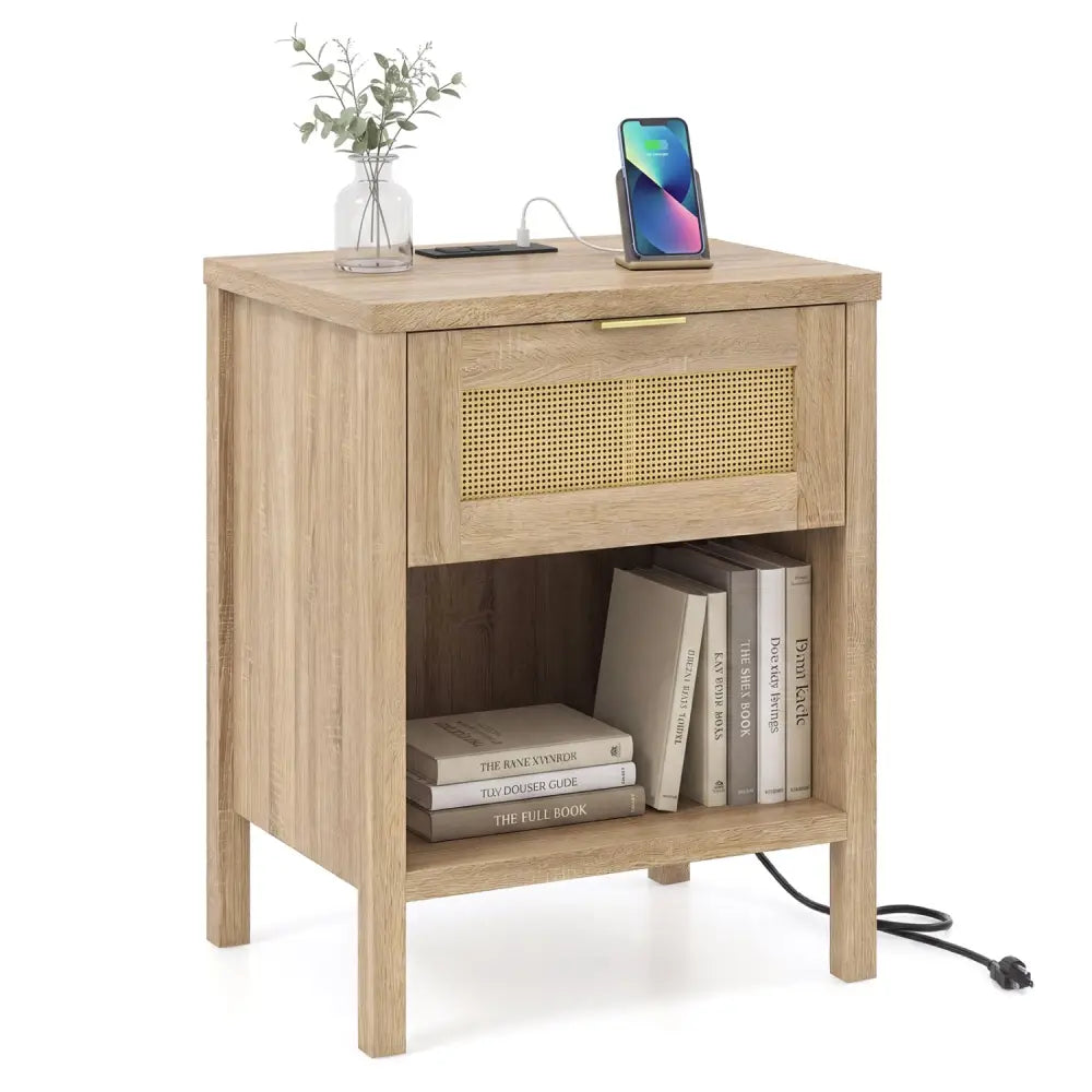 Rattan Nightstand with Charging Station and Storage Shelf for Bedroom-Oak - Oak - Nightstands